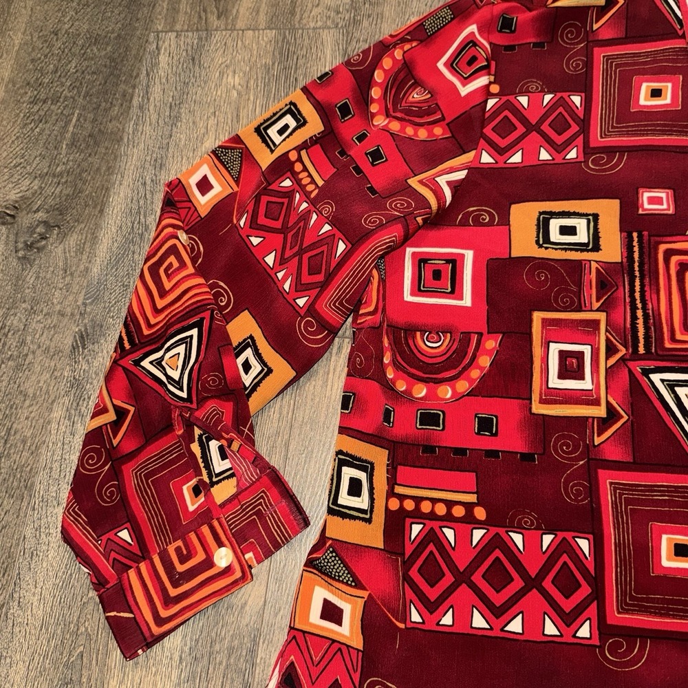 Vintage Notations Button Up Blouse Women 2X Red Geometric Long Sleeve 80s Retro - Picture 6 of 11